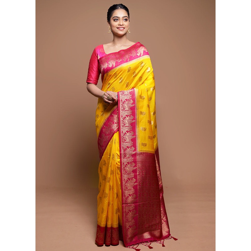 Yellow Dupion Silk Saree With Blouse Piece - JD986608596