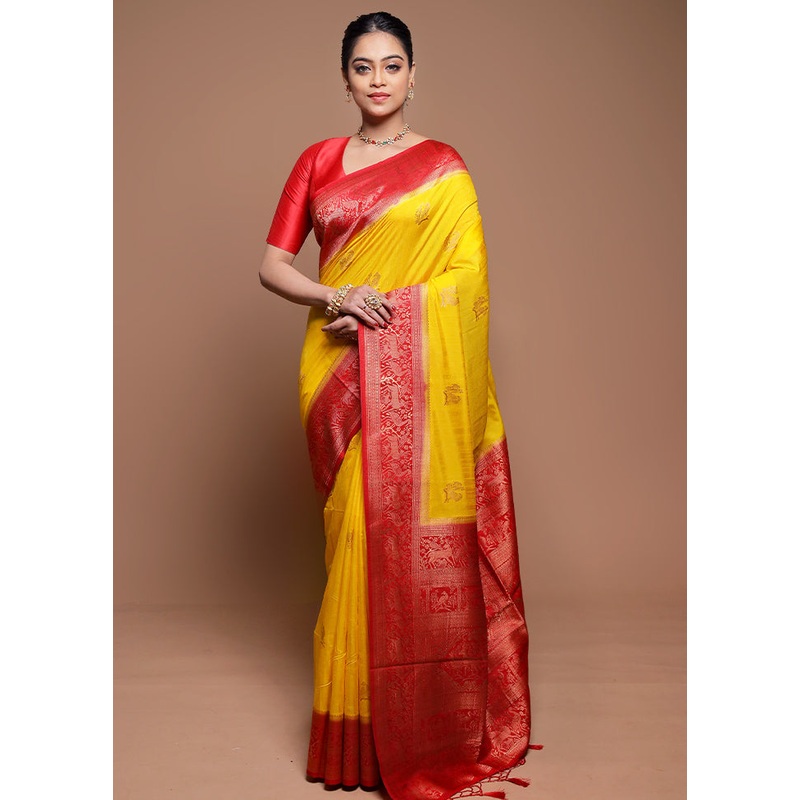 Yellow Dupion Silk Saree With Blouse Piece - JD986608597