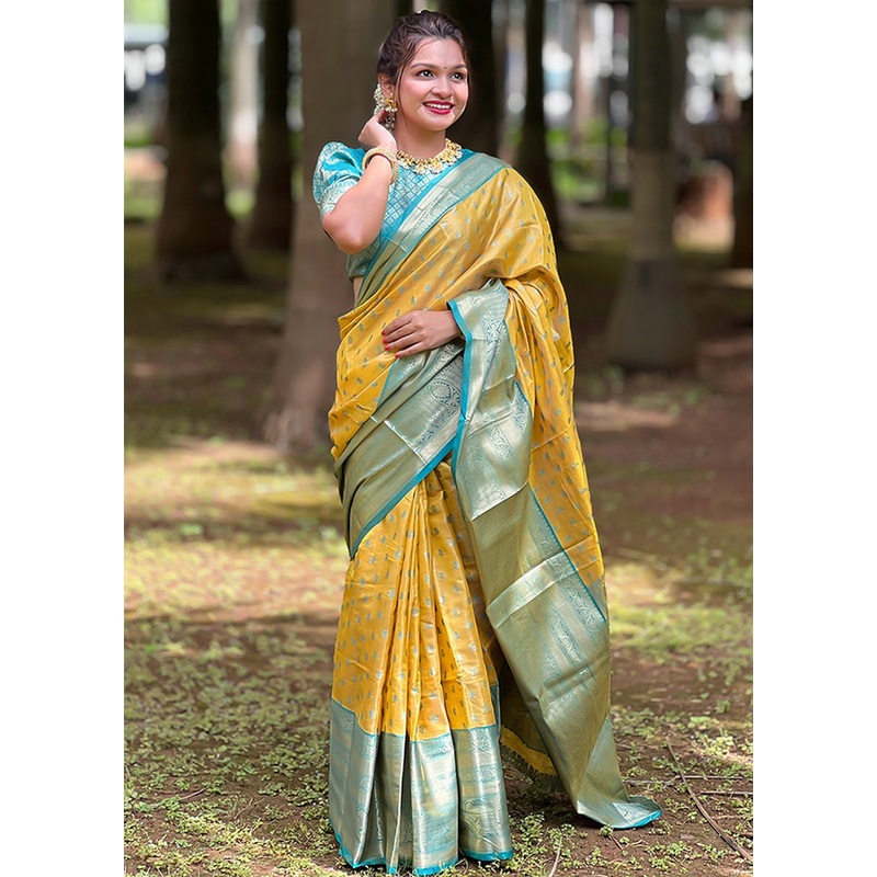 Yellow Dupion Silk Saree With Blouse Piece - JD986608739