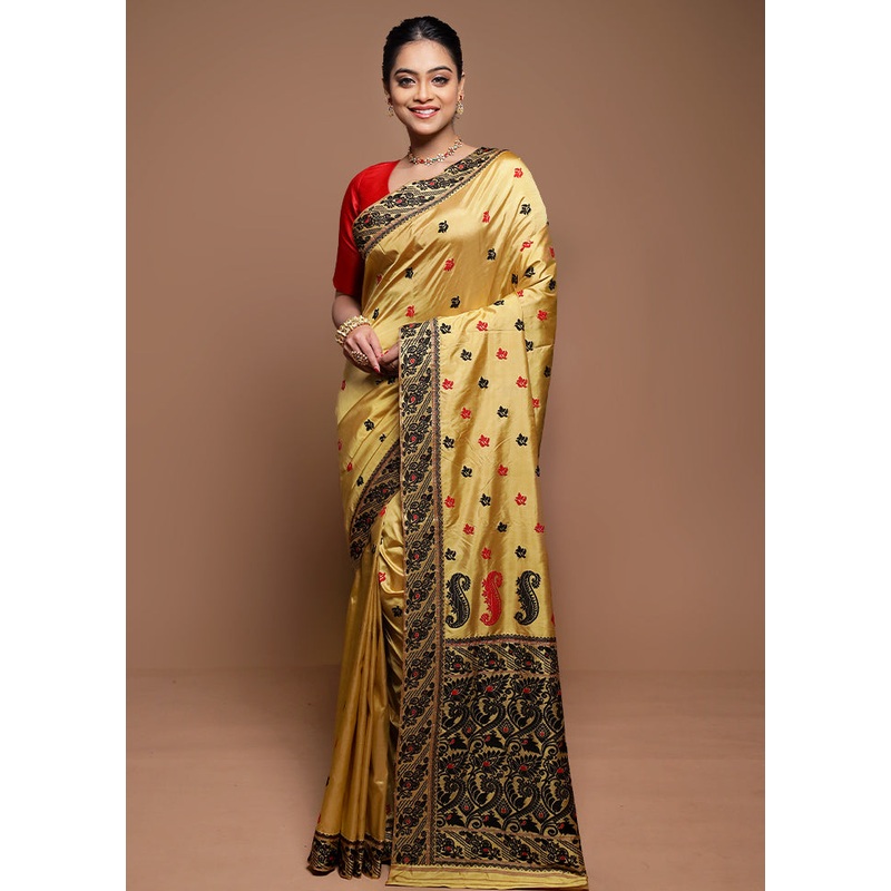 Yellow Handloom Assam Pure Silk Saree With Blouse Piece - JD986608594