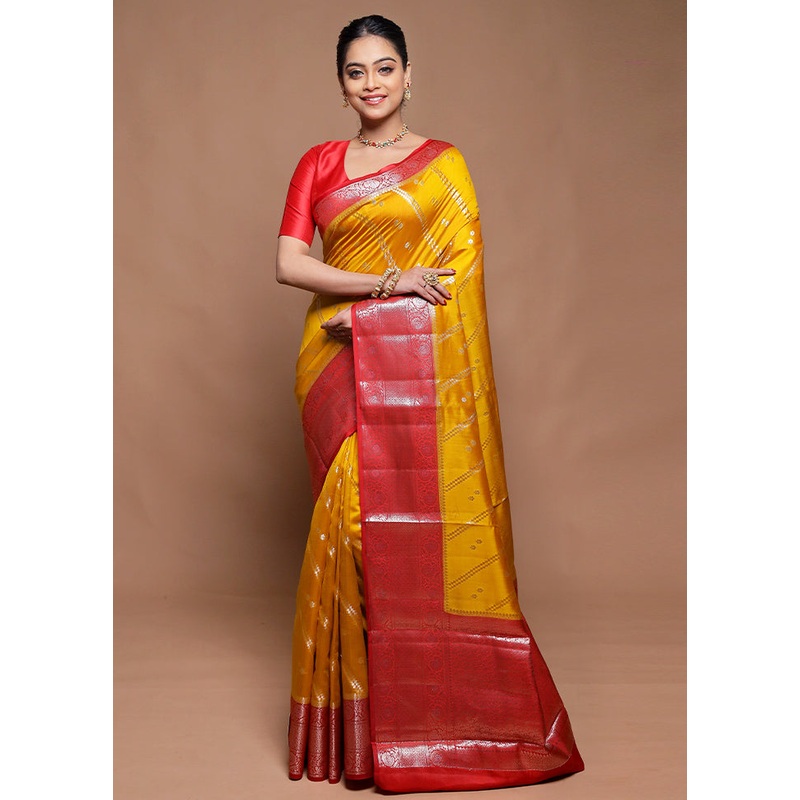Yellow Handloom Dupion Pure Silk Saree With Blouse Piece - JD986608593