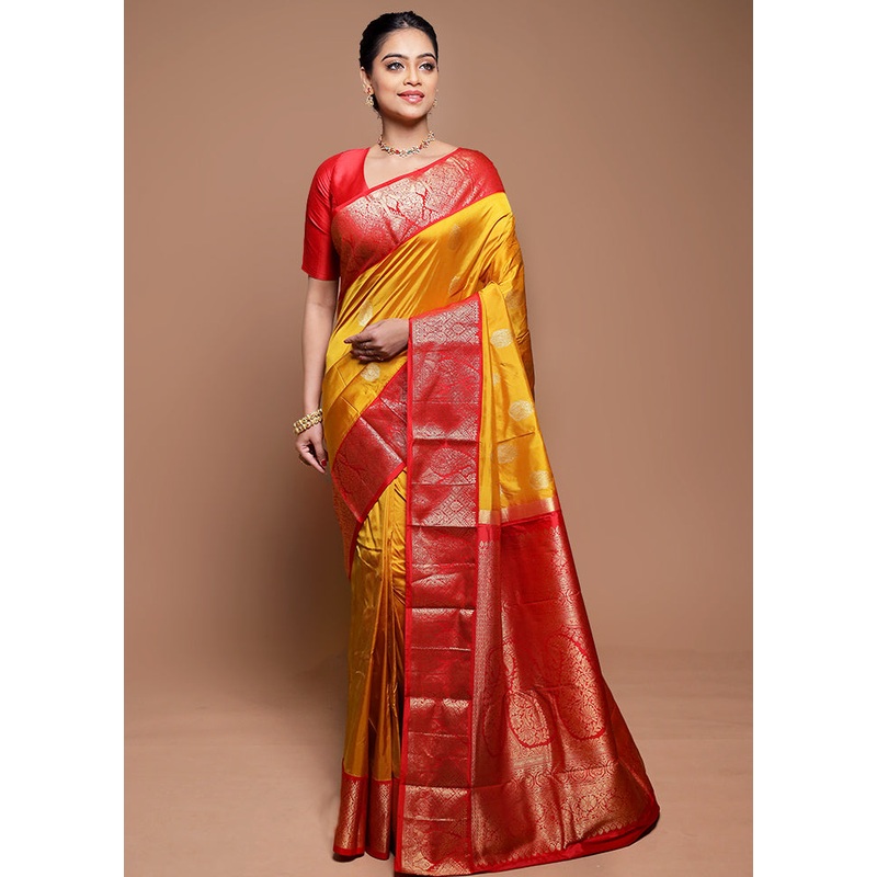 Yellow Handloom Kanchipuram Pure Silk Saree With Blouse Piece - JD986608592