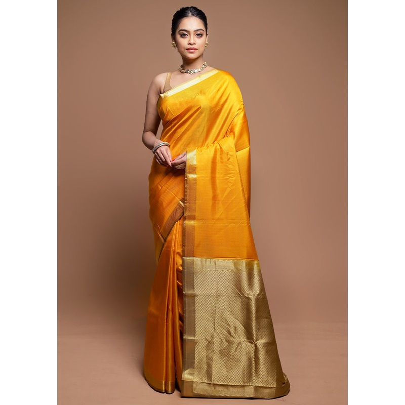 Yellow Handloom Kanjivaram Pure Silk Saree With Blouse Piece - JD986608591