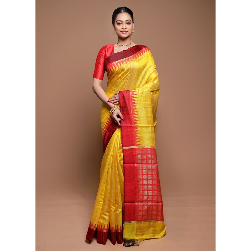Yellow Tussar Silk Saree With Blouse Piece - JD986608588