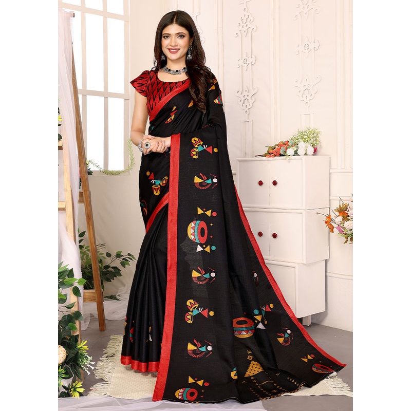 Black Dupion Silk Saree With Blouse Piece - JD986608396