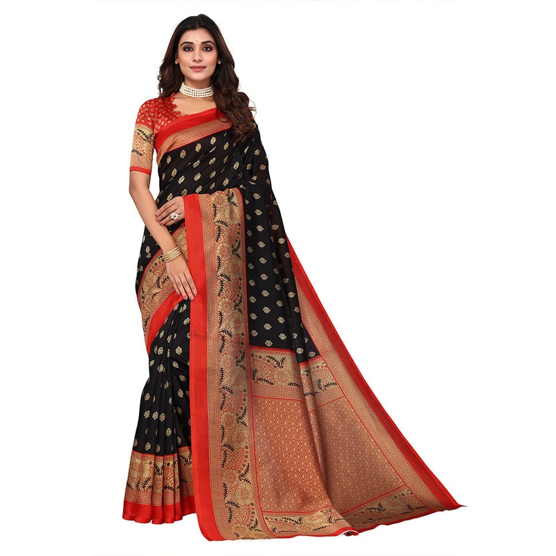 Black Dupion Silk Saree With Blouse Piece - JD986608398