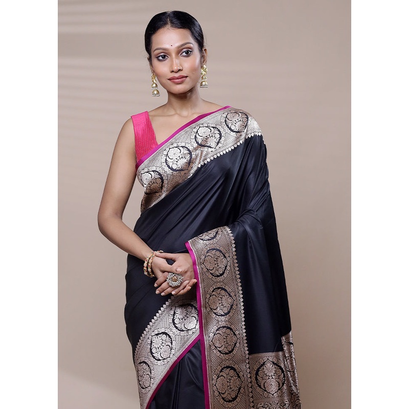 Black Katan Silk Saree With Blouse Piece - JD986608523