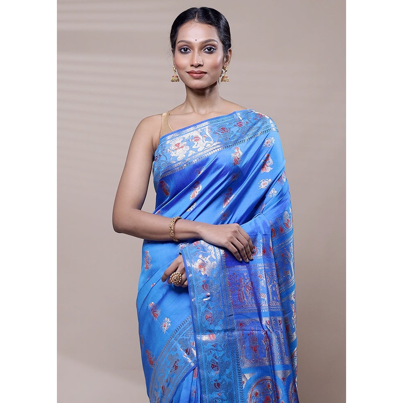 Blue Handloom Baluchari Pure Silk Saree With Blouse Piece - JD986608520
