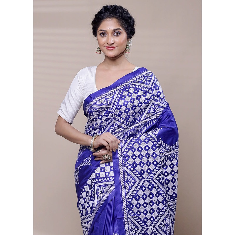 Blue Handloom Kantha Stitch Pure Silk Saree With Blouse Piece - JD986608516