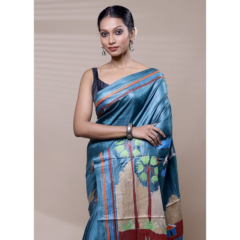 Blue Handloom Kantha Stitch Pure Silk Saree With Blouse Piece - JD986608517