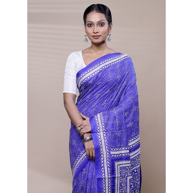 Blue Handloom Kantha Stitch Pure Silk Saree With Blouse Piece - JD986608518