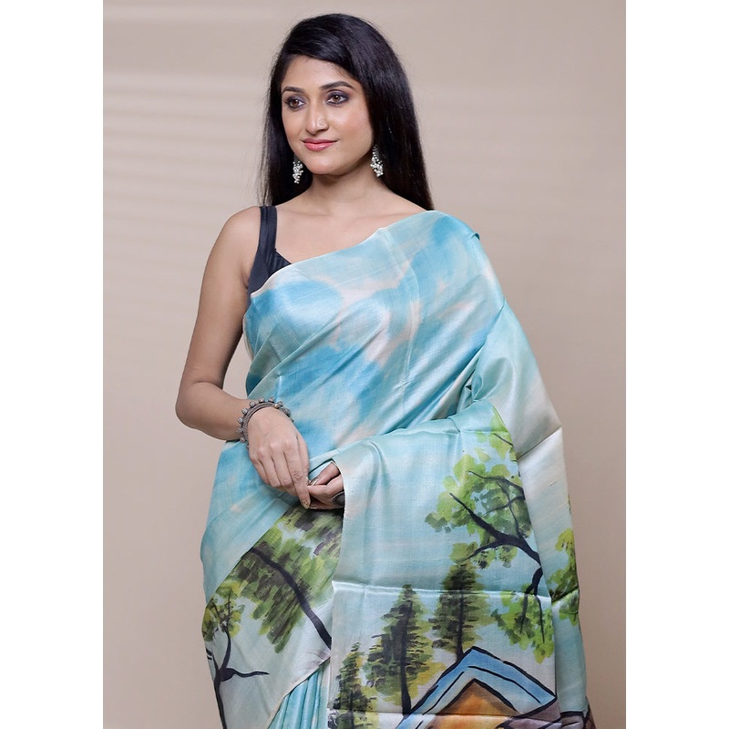 Blue Handloom Tussar Pure Silk Saree With Blouse Piece - JD986608515