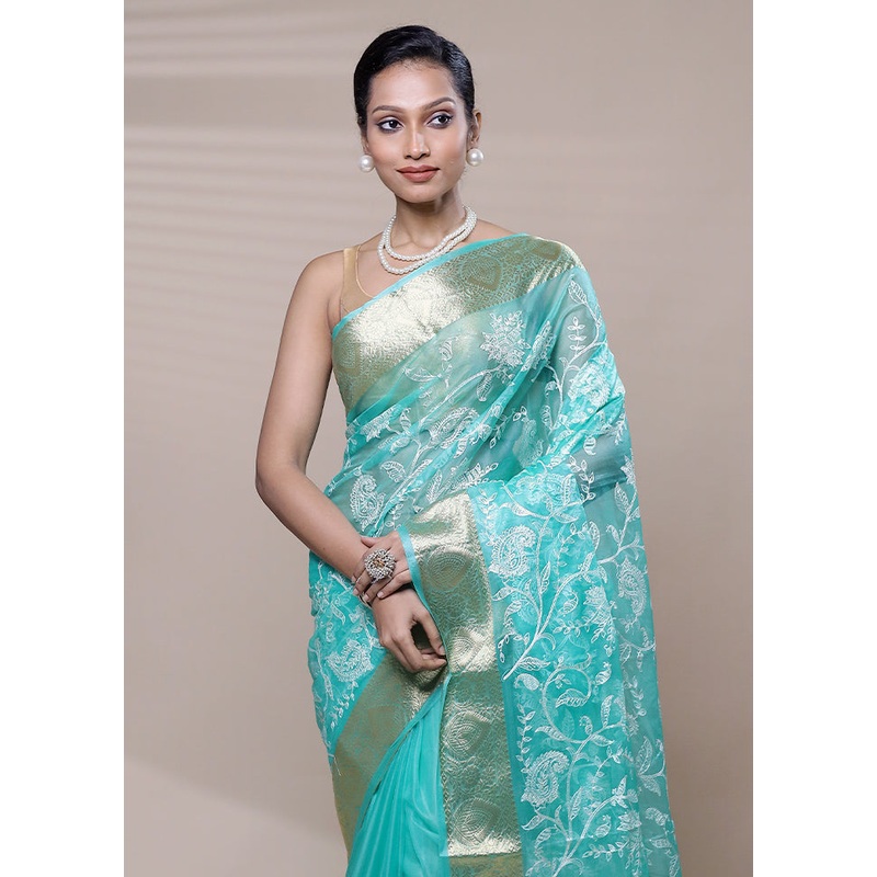 Blue Organza Saree With Blouse Piece - JD986608508