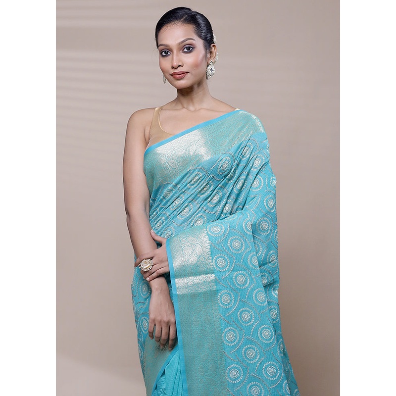 Blue Organza Saree With Blouse Piece - JD986608509