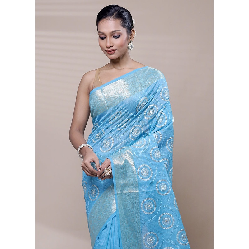 Blue Organza Saree With Blouse Piece - JD986608510