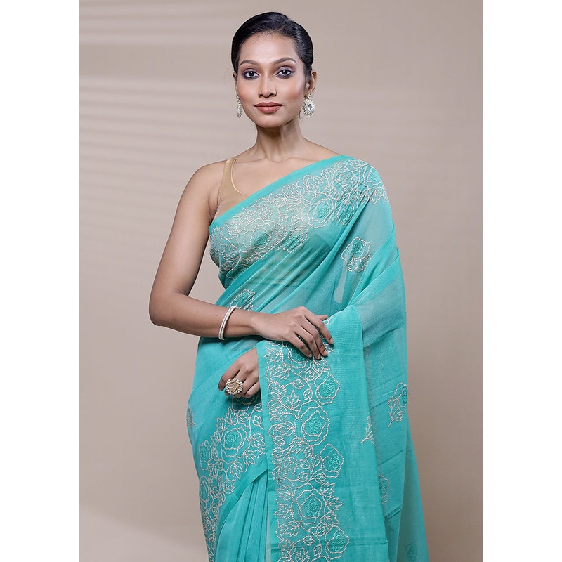 Blue Organza Saree With Blouse Piece - JD986608511