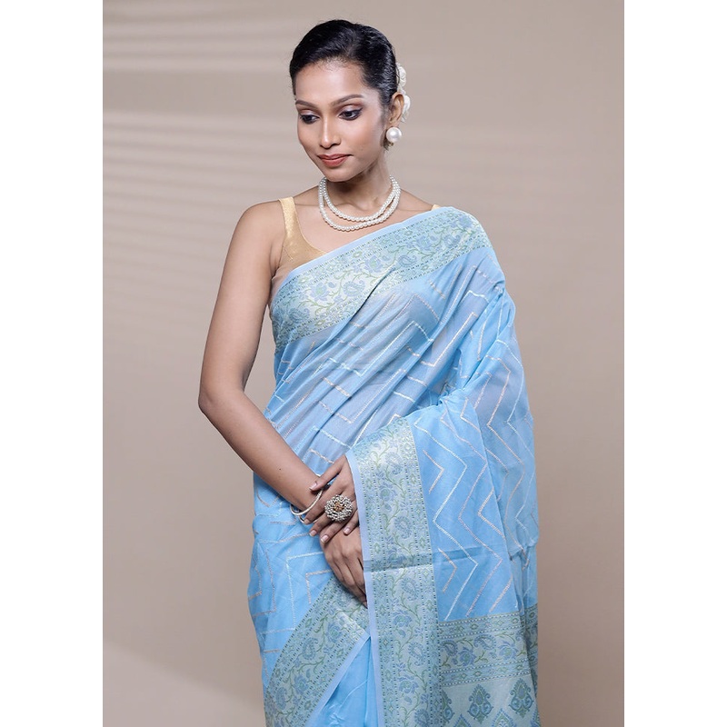Blue Organza Saree With Blouse Piece - JD986608512
