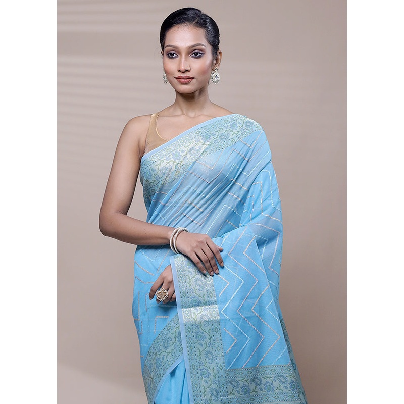 Blue Organza Saree With Blouse Piece - JD986608513