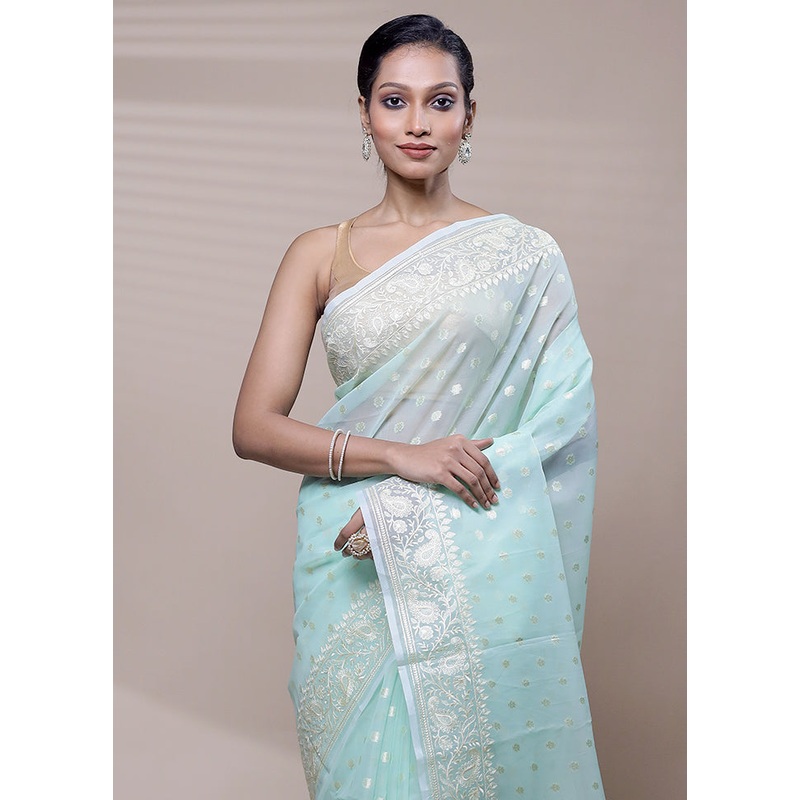 Blue Organza Saree With Blouse Piece - JD986608514