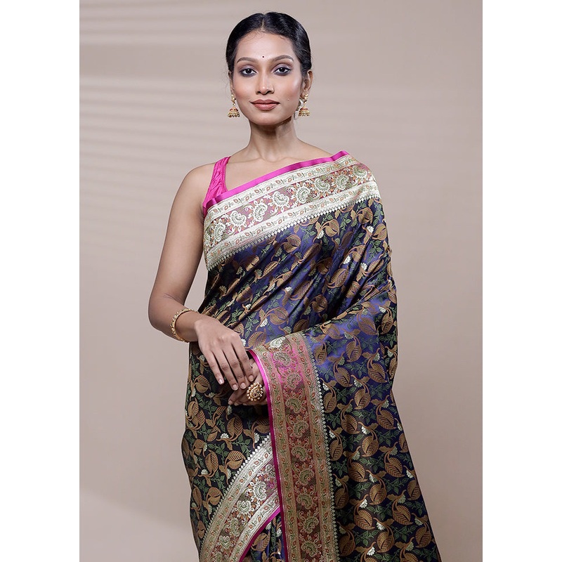 Blue Tanchoi Silk Saree With Blouse Piece - JD986608507