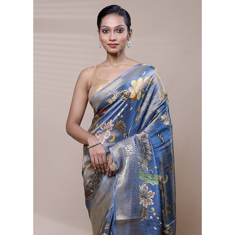 Blue Tissue Silk Saree With Blouse Piece - JD986608496