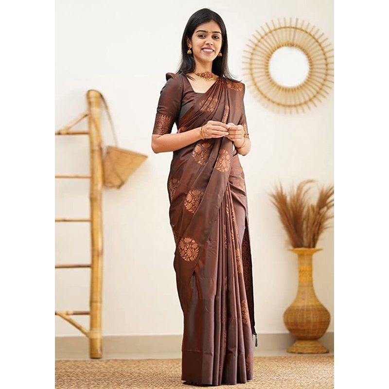 Brown Banarasi Silk Saree With Blouse Piece - JD986608394