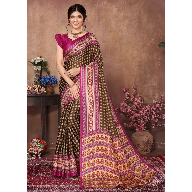 Brown Dupion Silk Saree With Blouse Piece - JD986608393