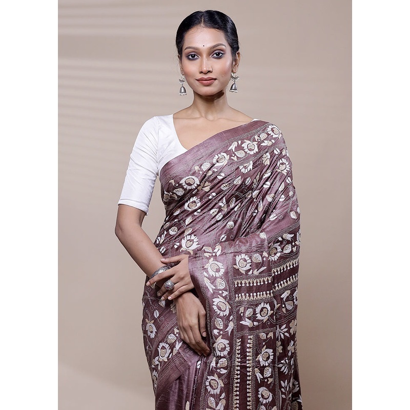Brown Handloom Kantha Stitch Pure Silk Saree With Blouse Piece - JD986608494