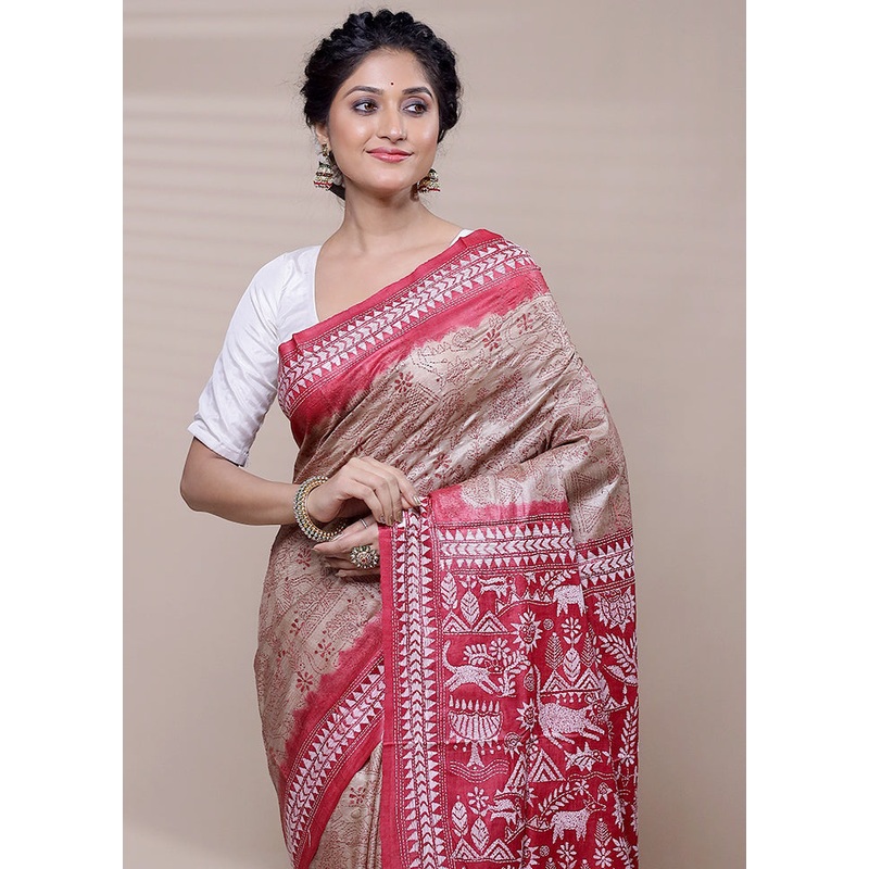 Brown Handloom Kantha Stitch Pure Silk Saree With Blouse Piece - JD986608495