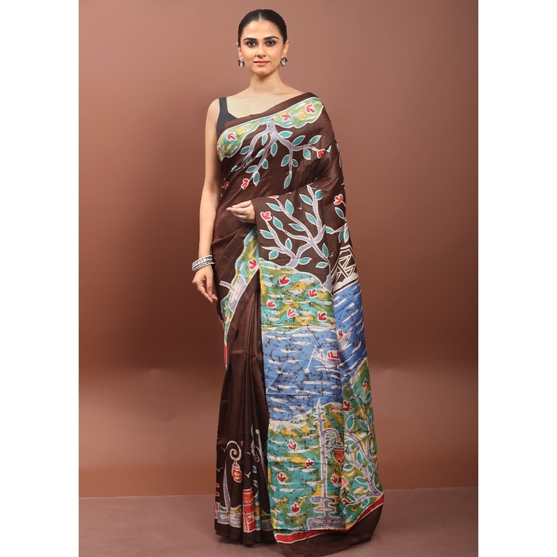 Brown Printed Pure Silk Saree Without Blouse Piece - JD986608573