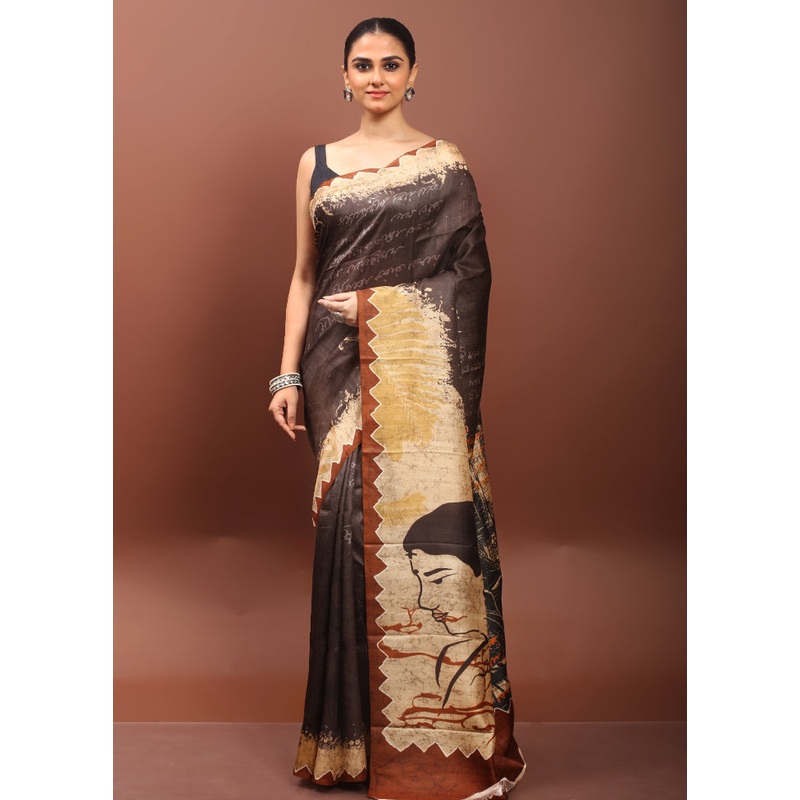 Brown Printed Pure Silk Saree Without Blouse Piece - JD986608574