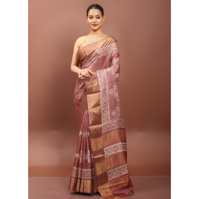 Brown Tussar Silk Saree With Blouse Piece - JD986608572
