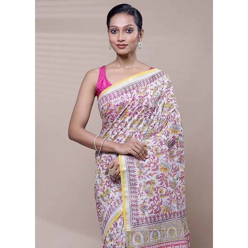 Cream Chanderi Cotton Saree With Blouse Piece - JD986608493