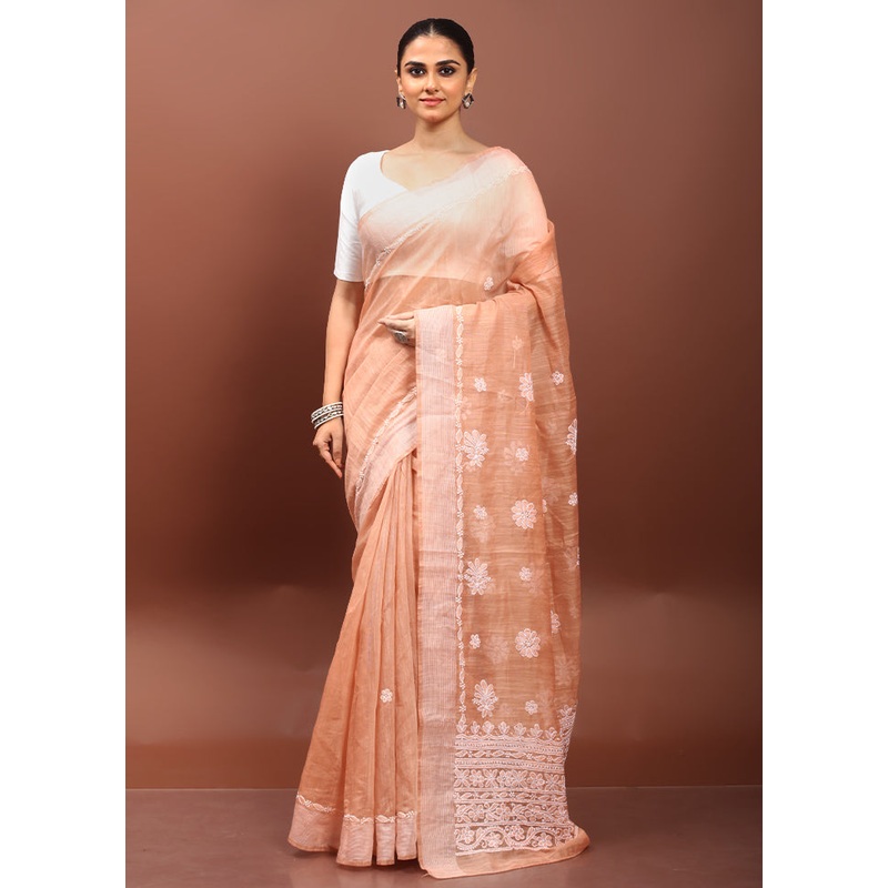 Cream Chikankari Saree With Blouse Piece - JD986608571