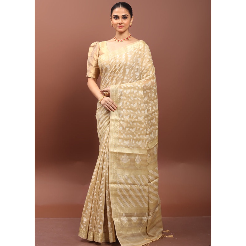 Cream Cotton Saree With Blouse Piece - JD986608570
