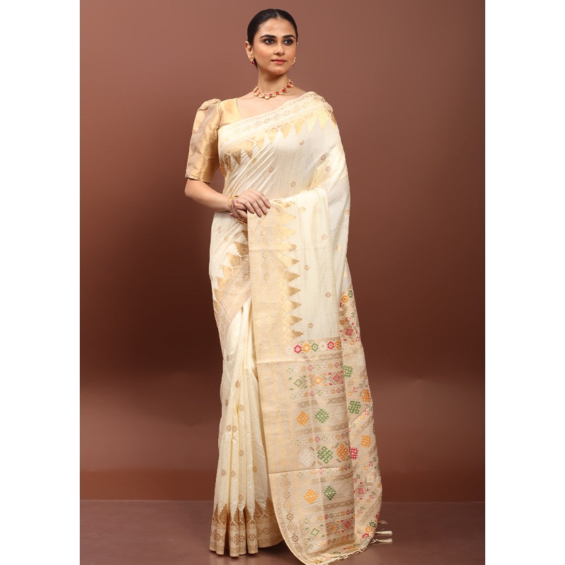 Cream Dupion Silk Saree With Blouse Piece - JD986608569