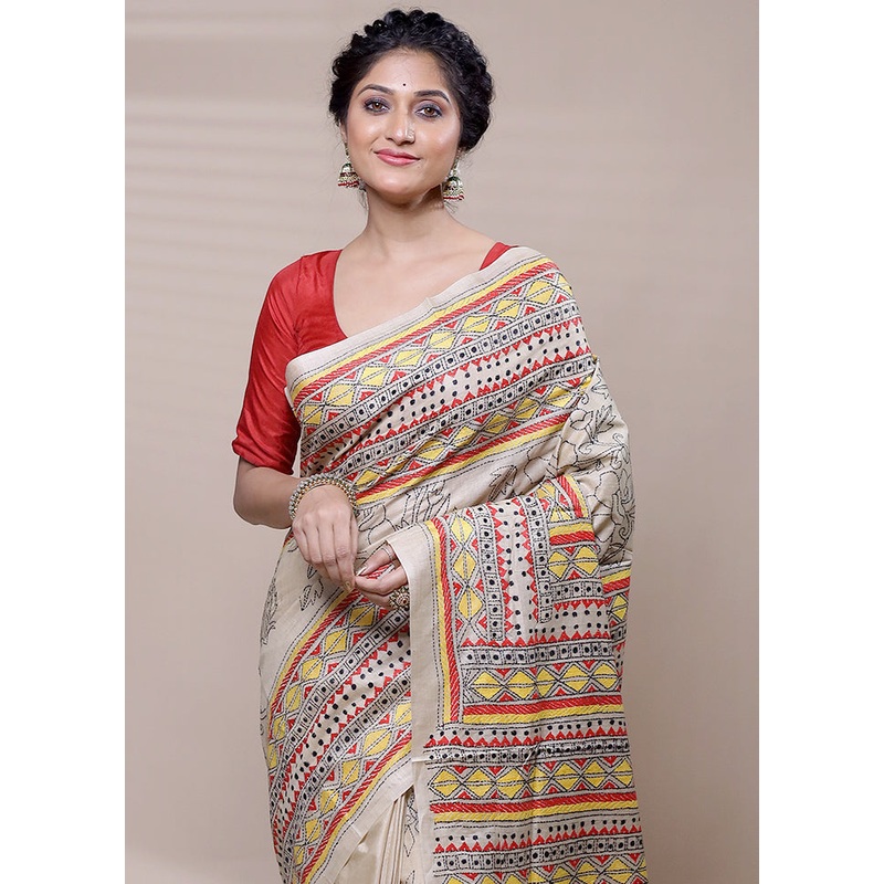 Cream Handloom Kantha Stitch Pure Silk Saree With Blouse Piece - JD986608491
