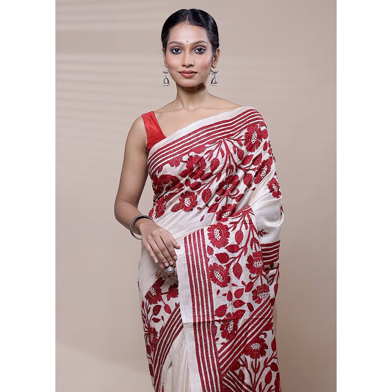 Cream Handloom Kantha Stitch Pure Silk Saree With Blouse Piece - JD986608492