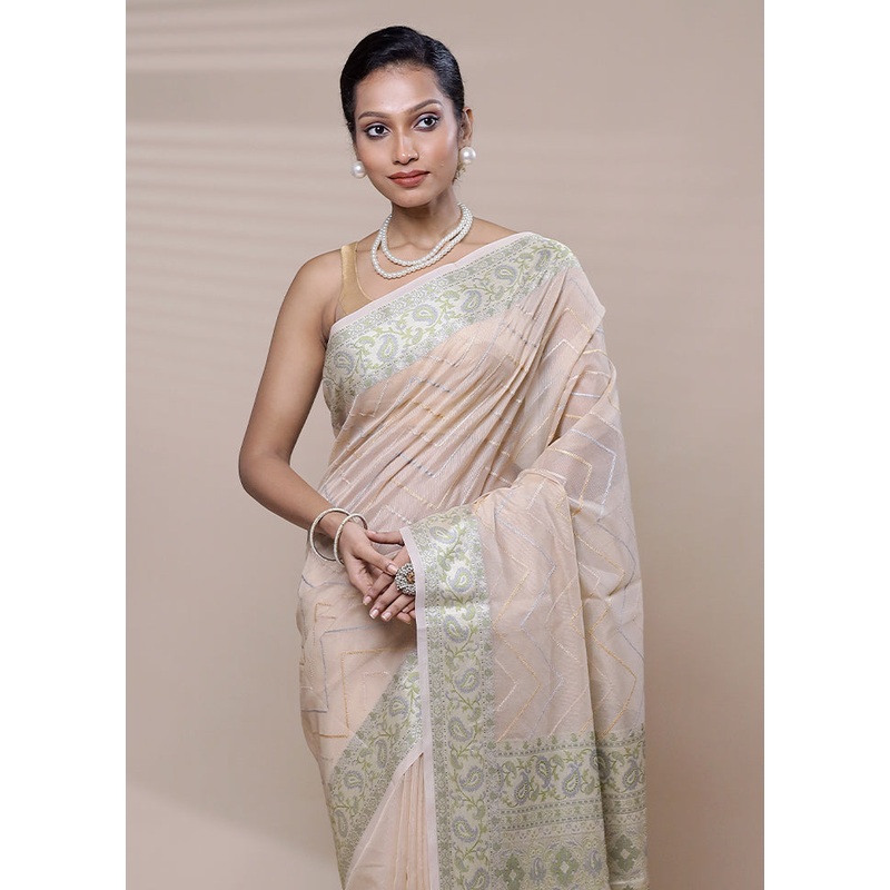 Cream Organza Saree With Blouse Piece - JD986608478
