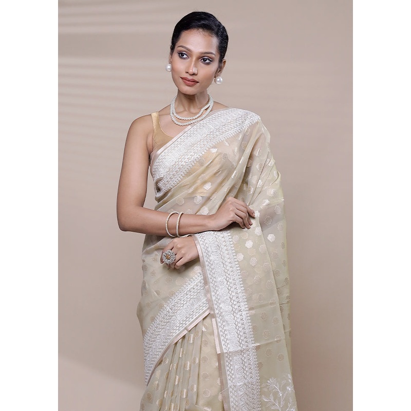 Cream Organza Saree With Blouse Piece - JD986608479