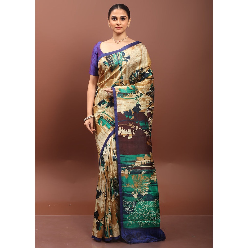 Cream Printed Pure Silk Saree Without Blouse Piece - JD986608566