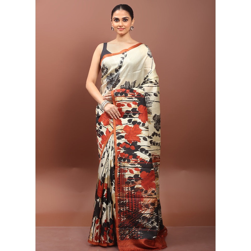 Cream Printed Pure Silk Saree Without Blouse Piece - JD986608567