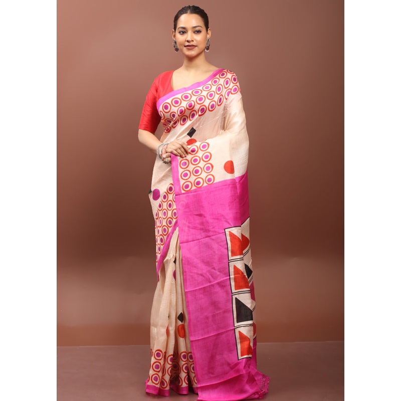 Cream Printed Pure Silk Saree Without Blouse Piece - JD986608568
