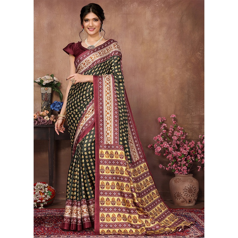 Dark Green Dupion Silk Saree With Blouse Piece - JD986608387