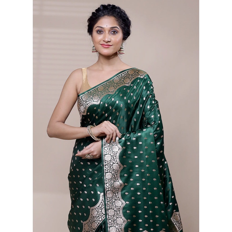 Green Banarasi Silk Saree With Blouse Piece - JD986608473