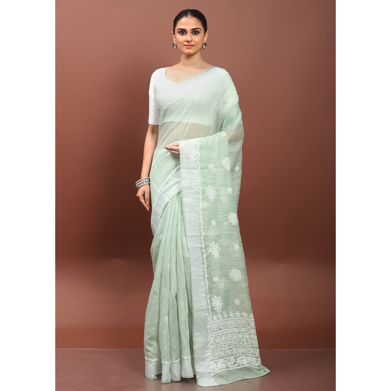 Green Chikankari Saree With Blouse Piece - JD986608564
