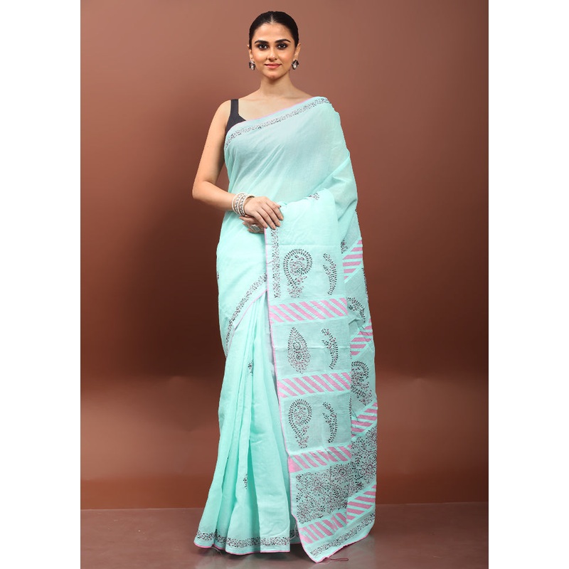 Green Chikankari Saree With Blouse Piece - JD986608565