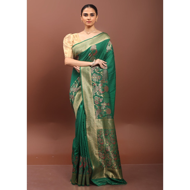 Green Dupion Silk Saree With Blouse Piece - JD986608558