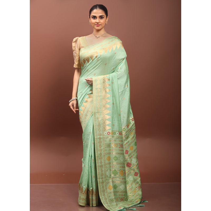Green Dupion Silk Saree With Blouse Piece - JD986608559