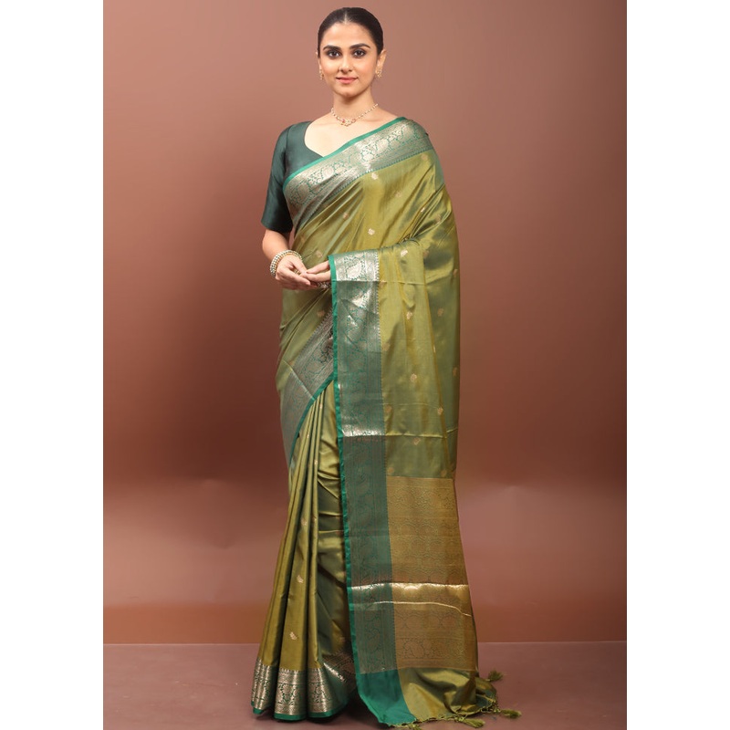 Green Dupion Silk Saree With Blouse Piece - JD986608563
